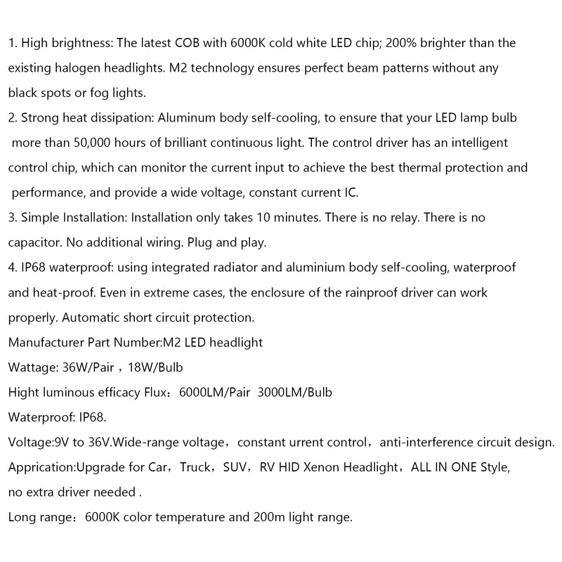 2PCS M2 H4 LED Headlight Kit Bulbs 6000K Hi/Low Beam Fog Lights Super Bright Generic