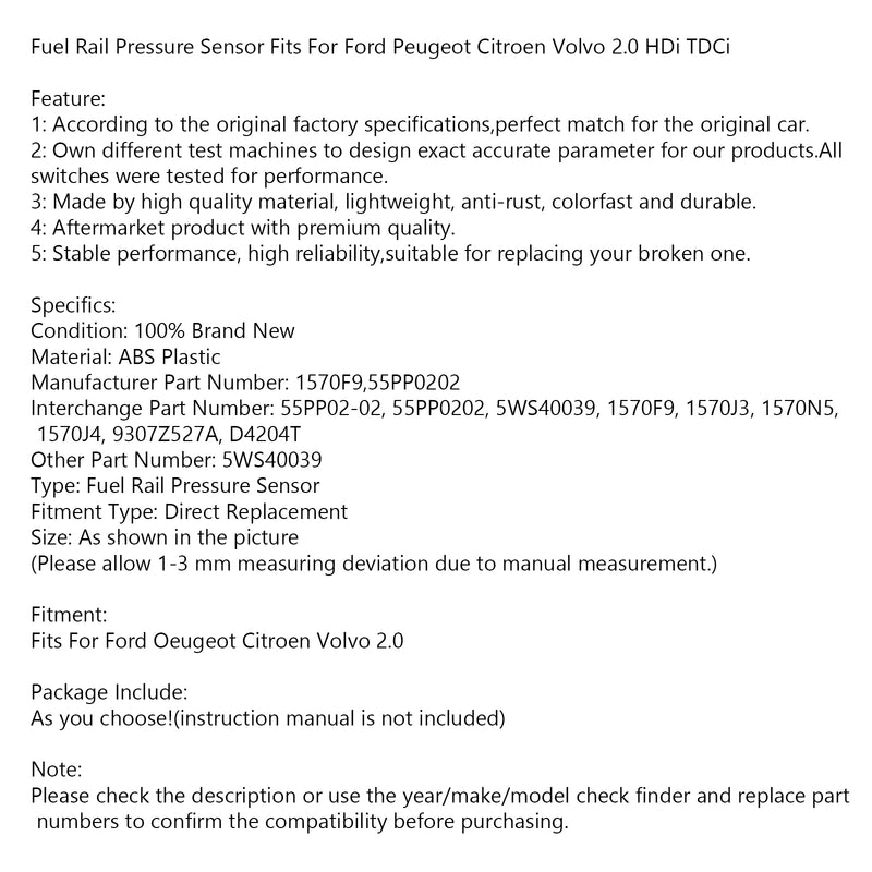 Fuel Rail Pressure Sensor Fits For Ford Peugeot Citroen Volvo 2.0 HDi TDCi Generic