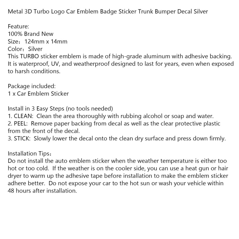 Metal 3D Turbo Logo Car Emblem Badge Sticker Trunk Bumper Decal Silver Generic