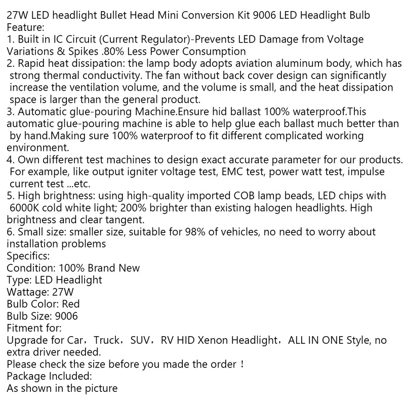 27W LED headlight Bullet Head Mini Conversion Kit 9006 LED Headlight Bulb Generic