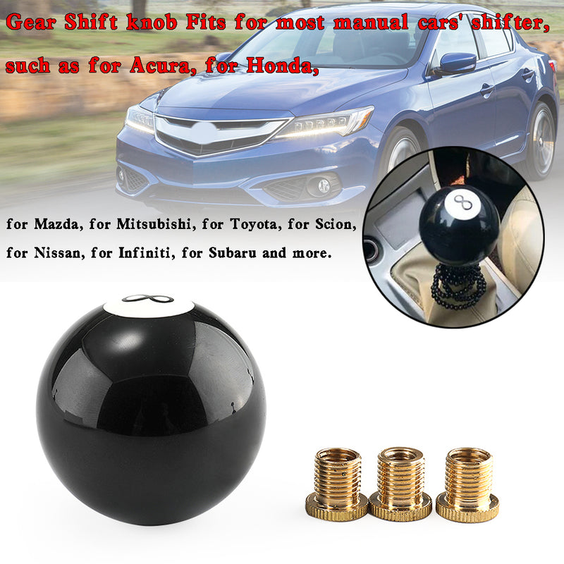 Universal No.8 Billiard Ball Gear Shifter Black Round Shift Knob w/ 3 Adapters