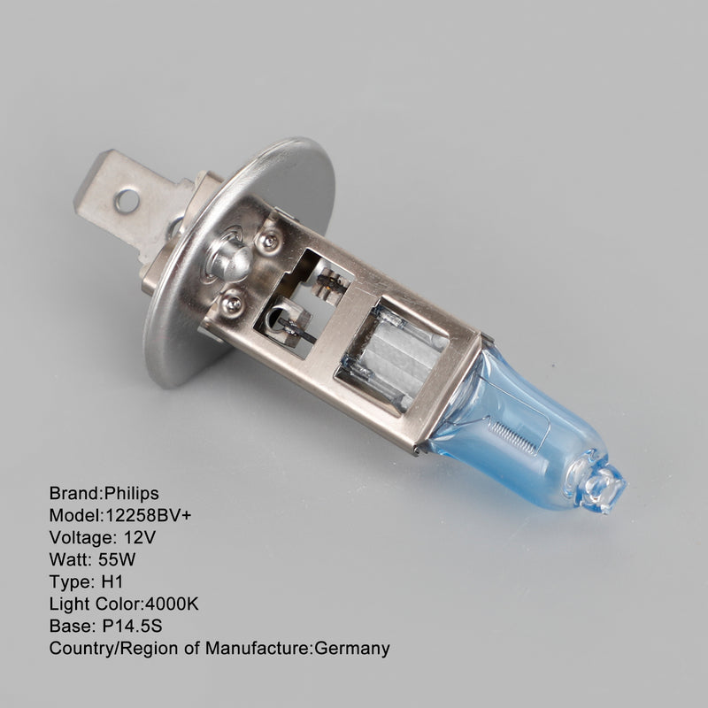 For Philips 12258BV+ BlueVision 4000K Car Headlight Bulbs H1 12V55W P14.5S