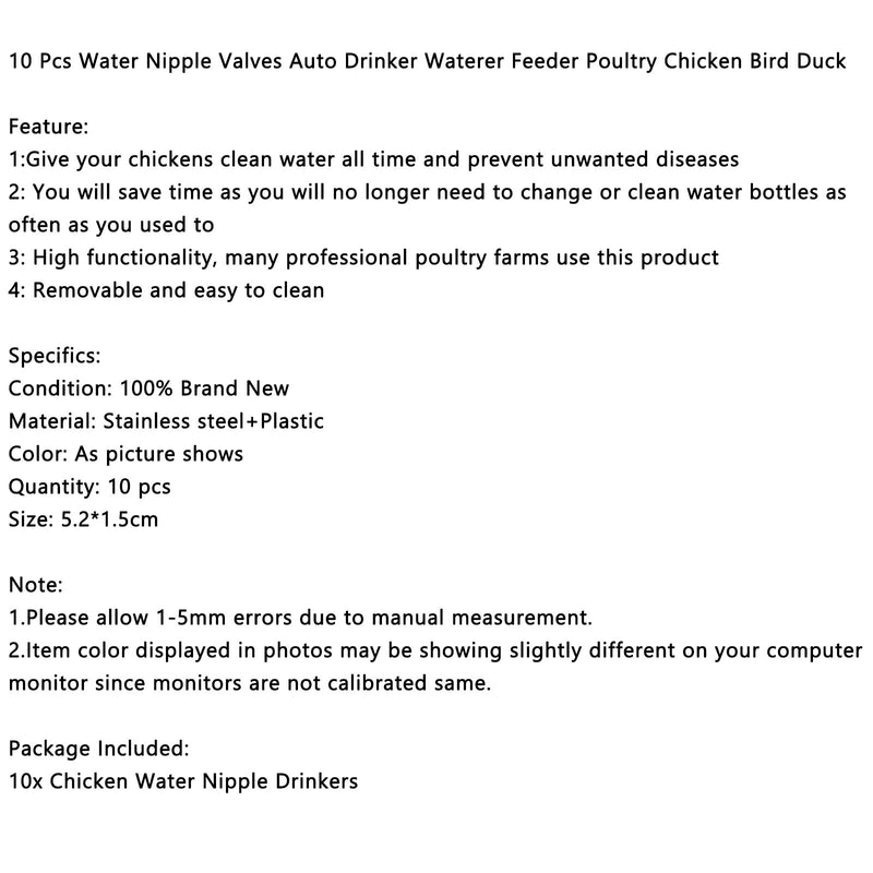 10 Pcs Water Nipple Valves Auto Drinker Waterer Feeder Poultry Chicken Duck Bird