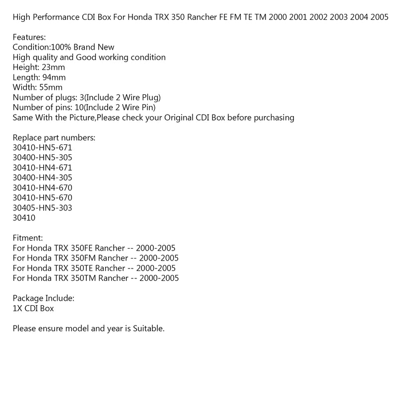 CDI Box replacement for Honda TRX350FE TRX350FM TRX350TE TRX350TM 00 01 02 03 05 Generic