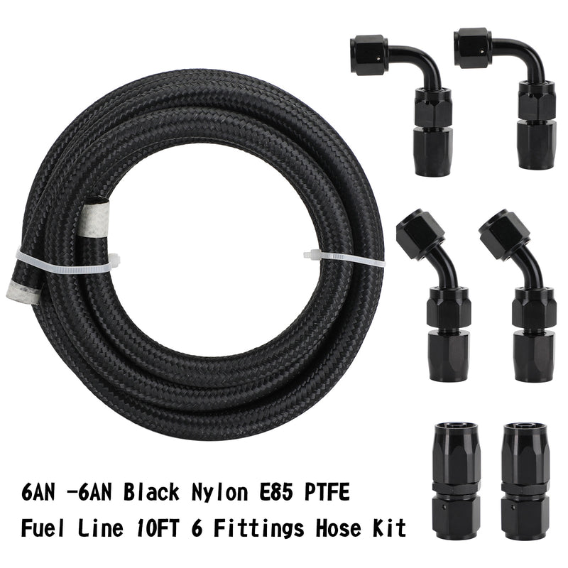 6AN -6AN Black Nylon E85 PTFE Fuel Line 10FT 6 Fittings Hose Kit