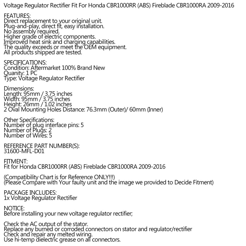 Rectifier Regulator Fit for Honda CBR1000 CBR 1000 RA 2009-2016 31600-MFL-D01