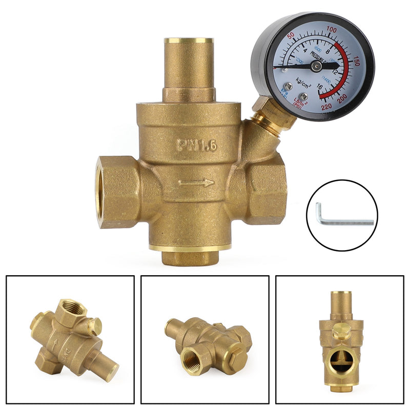 DN15 Brass Adjustable 1/2" Water Pressure Regulator Reducer With Gauge Meter Generic