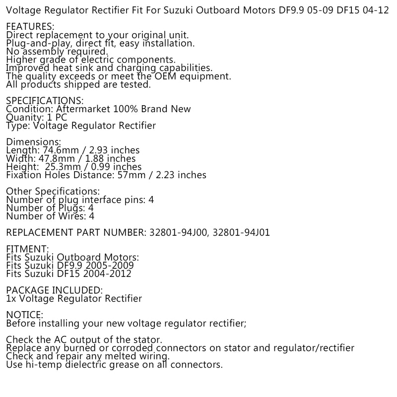 Rectifier Voltage Regulator for Suzuki DF9.9 05-09 DF15 04-12 Outboard Motors Generic