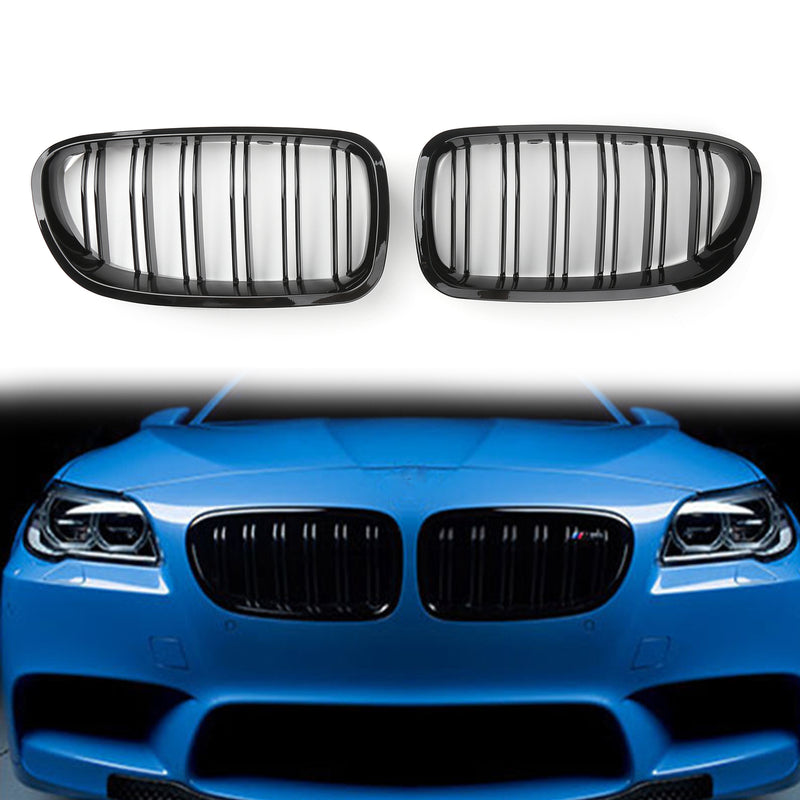 Double Line Glossy Black Front Hood Kidney Grill Grille For BMW F10 F18 10-16