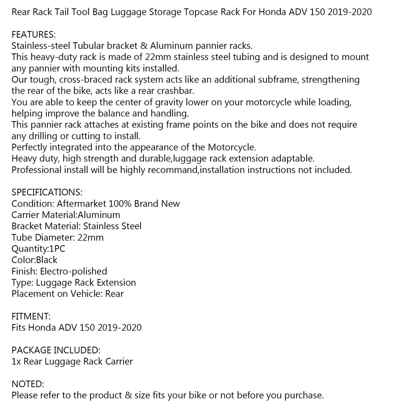 Rear Carrier Luggage Rack Cargo Shelf Black for Honda ADV150 ADV 150 2019-2021 Generic