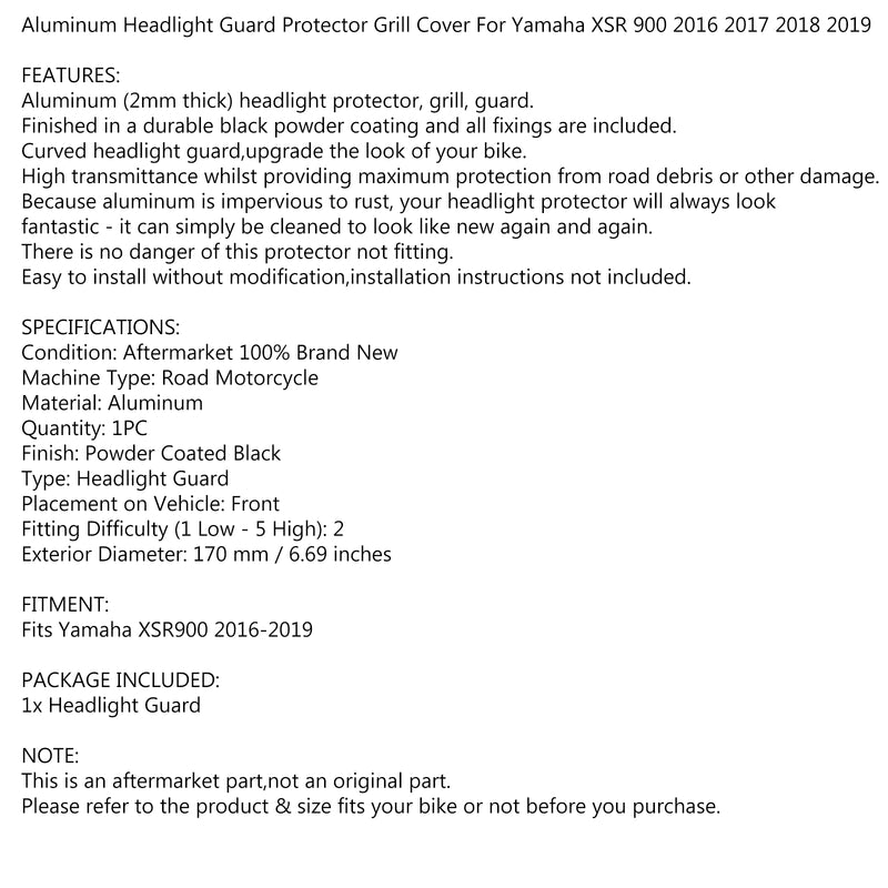 Aluminum Headlight Guard Cover Protector Black for Yamaha XSR 900 2016-2019 Generic