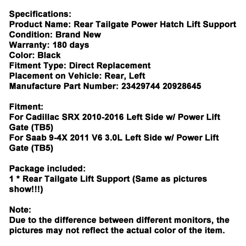 2010-2016 Cadillac SRX Left Side w/ Power Lift Gate (TB5) 23429744 20928645 Left Power Liftgate Tailgate Actuator Hatch