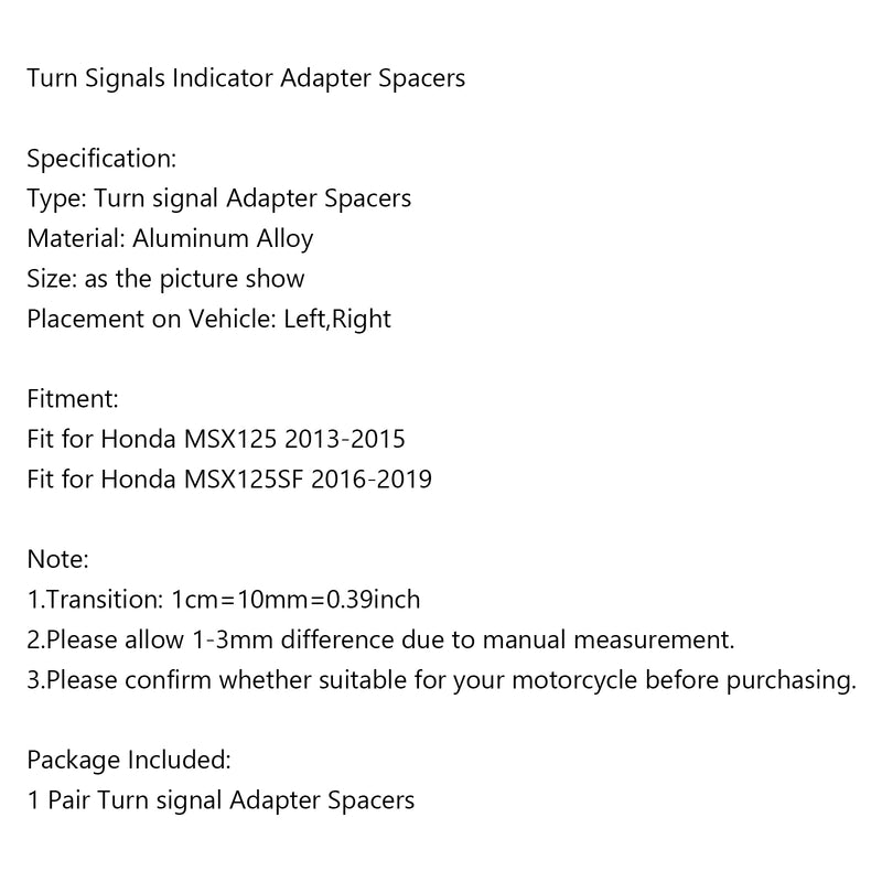 Aluminum Turn Signals Indicator Adapter Spacers for Honda MSX125 MSX125SF Generic