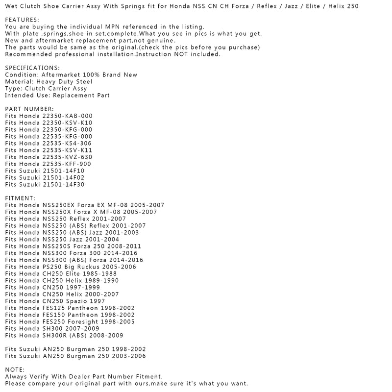 Wet Clutch Shoe Carrier Assy With Springs for Honda NSS PS CN CH FES 250 SH300 Generic