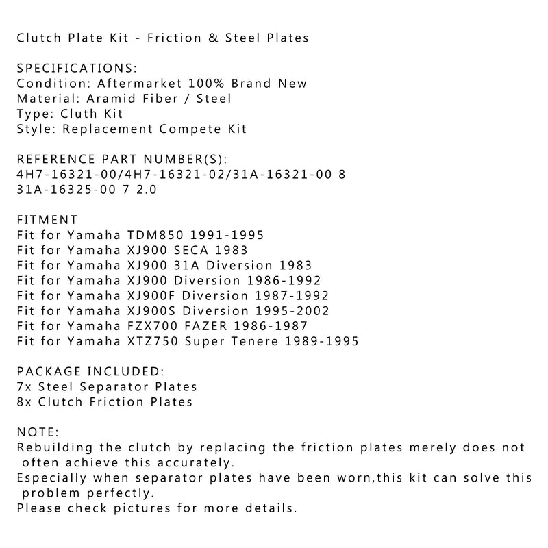 Clutch Kit Steel & Friction Plates fit for Yamaha TDM850 XJ900 F/S FZX700 XTZ750 Generic