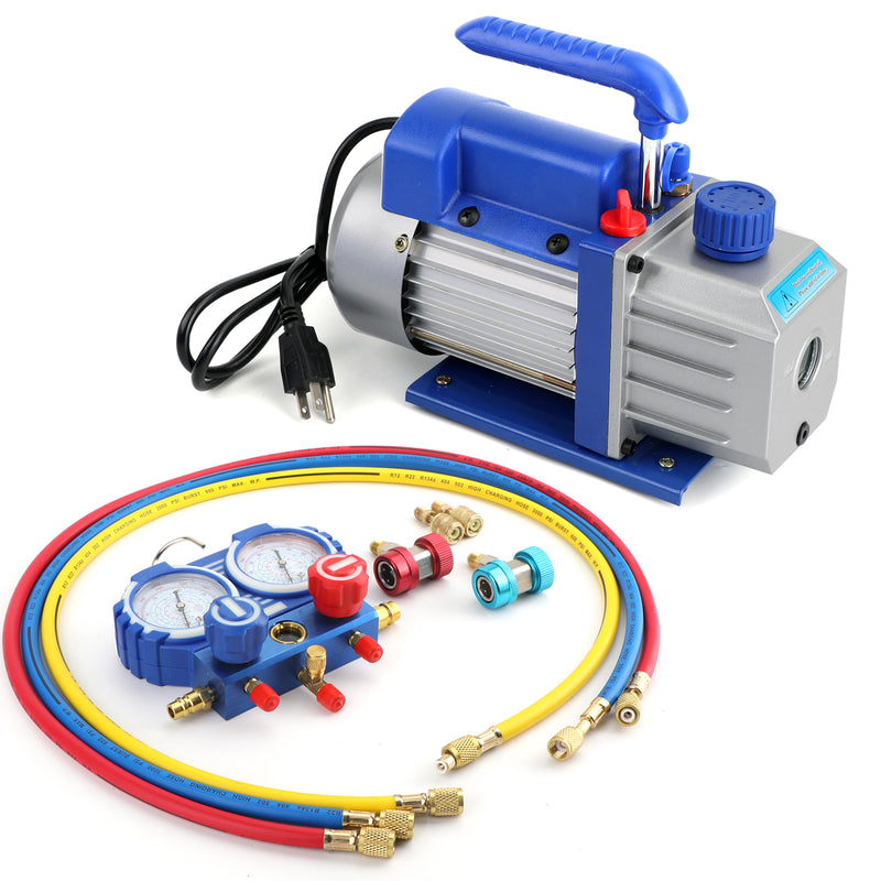 Combo 3.5CFM 1/4HP Air Vacuum Pump HVAC + R134A Kit AC A/C Manifold Gauge Set