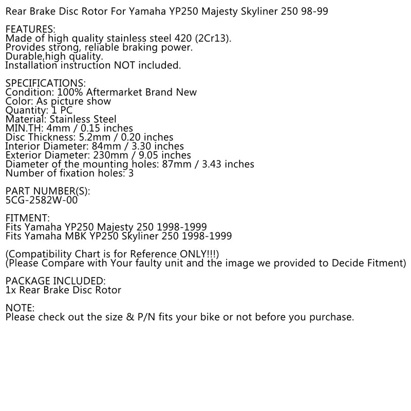 Rear Brake Disc Rotor for Yamaha YP250 YP 250 Majesty 250 Skyliner 250 1998-1999 Generic
