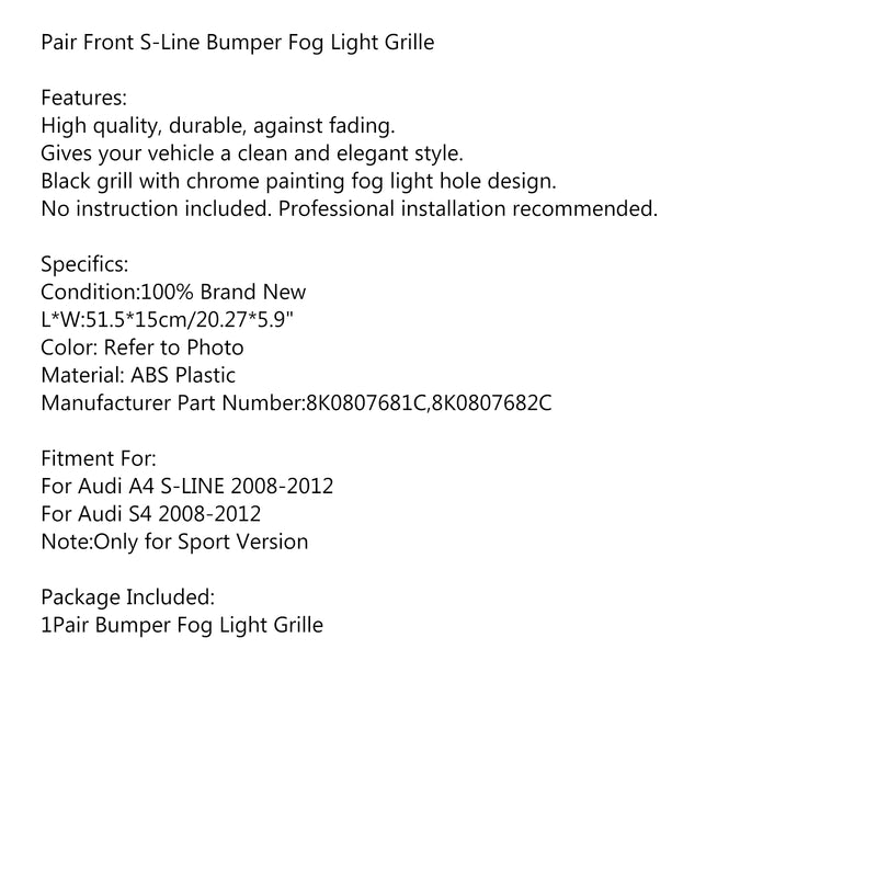 2 X Front Bumper Black Fog Light Grille Cover For Audi A4 S-LINE S4 2008-12 Generic