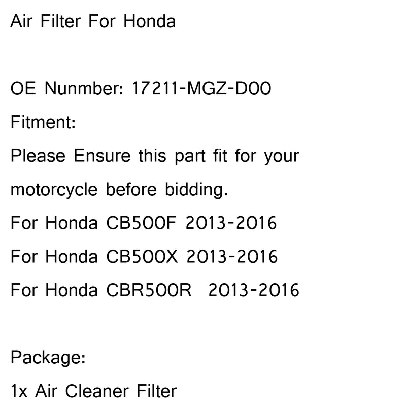 Air Filter Cleaner For Honda CB500X CB500F CBR500R 2013-2016 P/N.17211-MGZ-D00 Generic