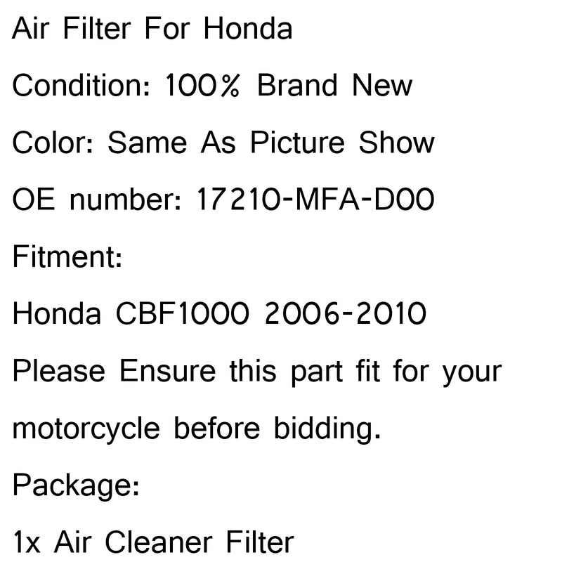 Air Filter Intake Drop In Cleaner For Honda CBF1000 2006-2010 P/N.17210-MFA-D00 Generic