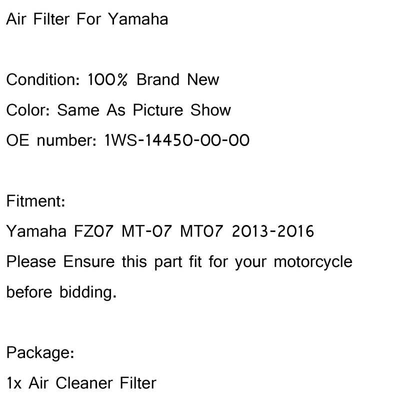 Air Filter Intake Cleaner For Yamaha FZ07 MT-07 MT07 2013-2016 1WS-14450-00-00 Generic