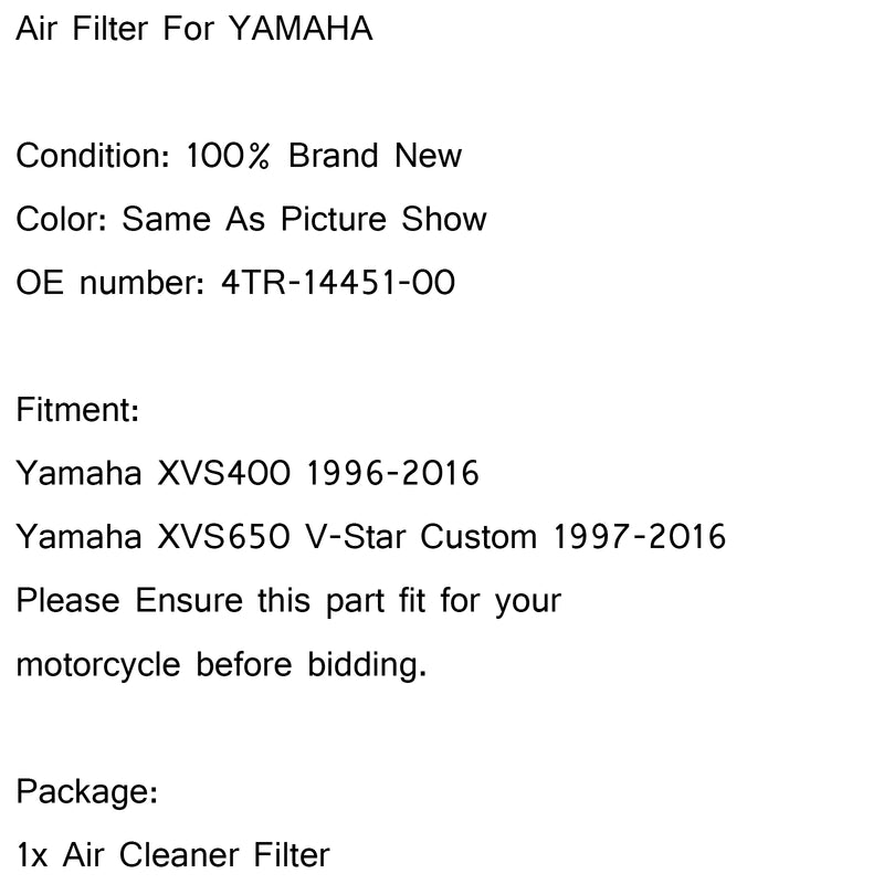 Air Filter Cleaner For Yamaha XVS650 VSTAR V-Star 650 98-16 P/N 4TR-14451-00-00 Generic