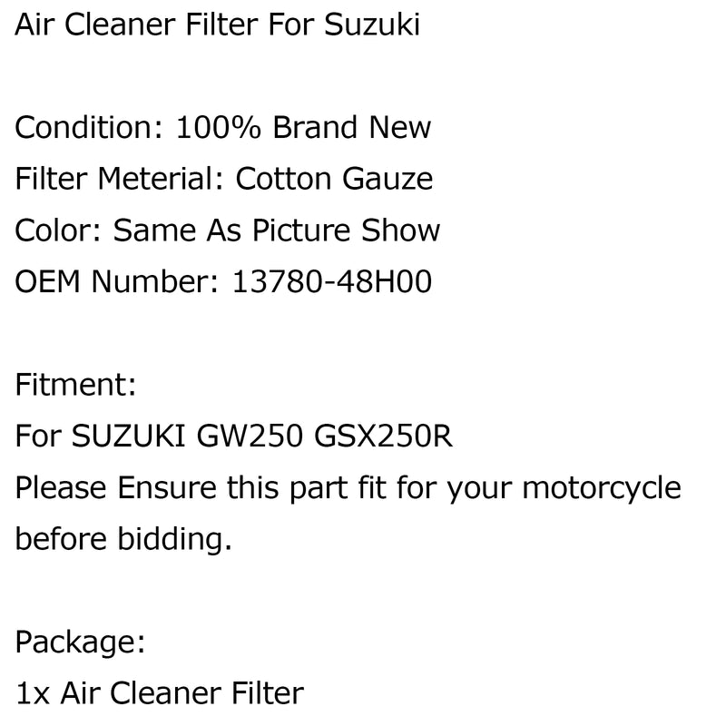 High Flow Replacemen Cleaner Element For Suzuki GW250 GSX250R Generic