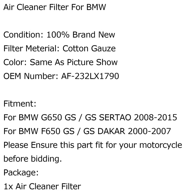 Air Filter Cleaner Element For BMW G650 GS / GS SERTAO 08-15 DAKAR 2000-2007 Generic