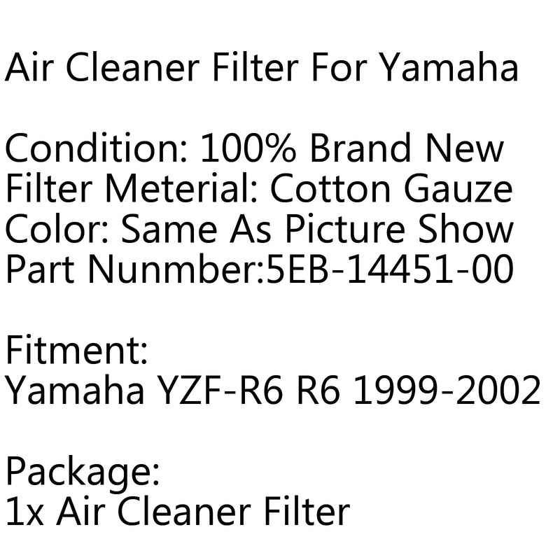 Air Filter Cleaner Element 5EB-14451-00 For Yamaha YZF-R6 R6 1999-2002 2001 Generic