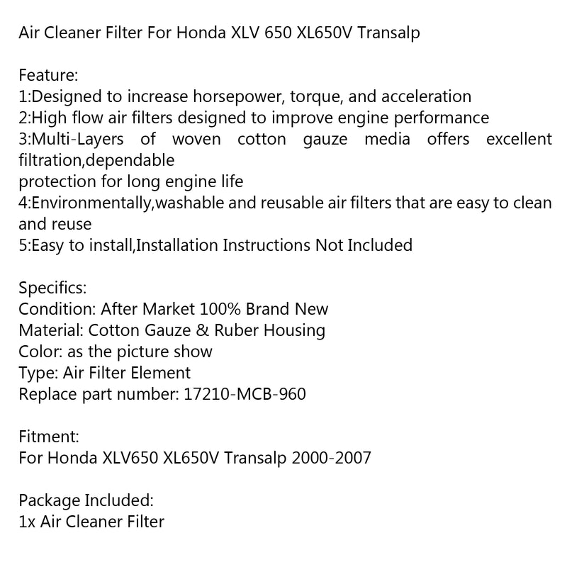 High Flow Air Cleaner For Honda XLV 650 XL650V Transalp 2000-2007 Generic