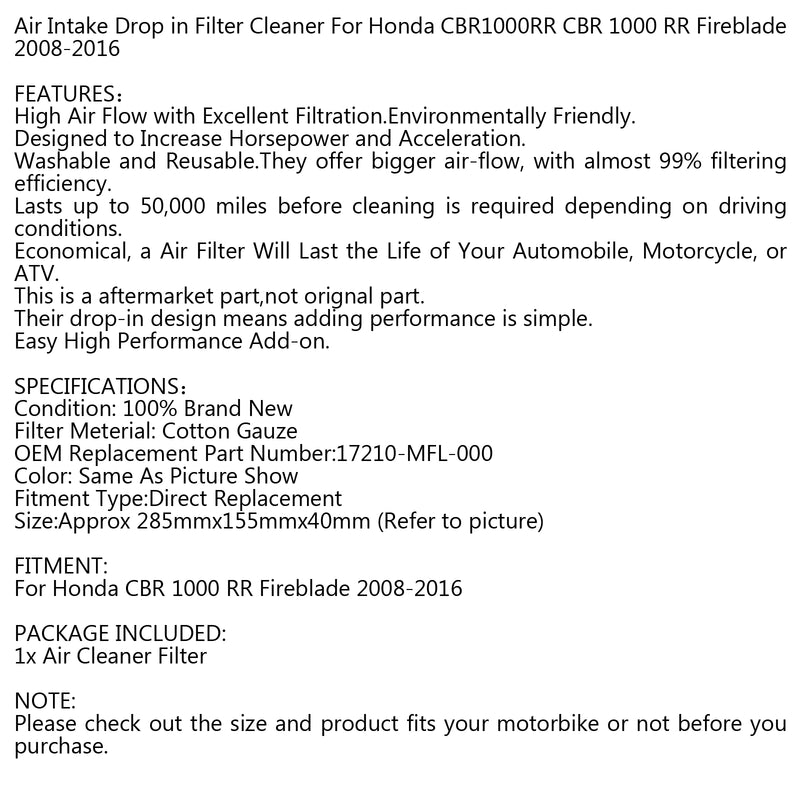Air Intake Filter Cleaner For Honda CBR1000RR Fireblade 08-16 17210-MFL-000 Generic