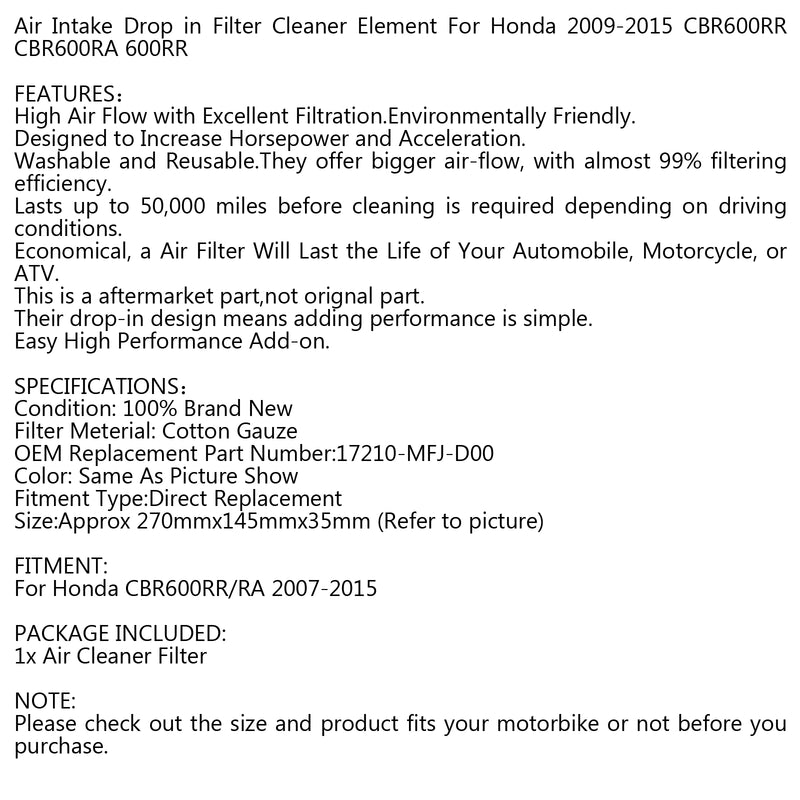 Air Intake Filter Cleaner For Honda CBR600RR/RA 2007-2015 17210-MFJ-D00 Generic