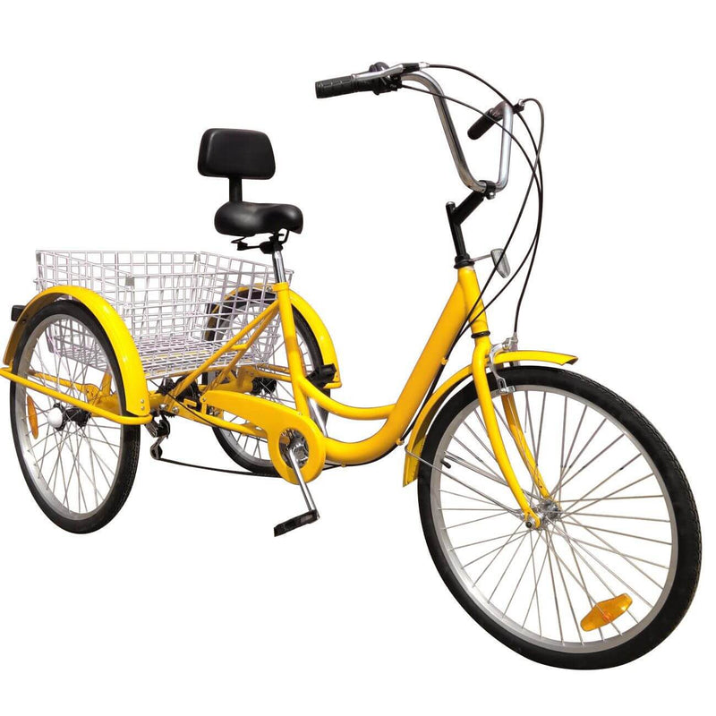 7-Speed 24''Bike Adult 3-Wheel Bicycle Tricycle Cruise With Basket Yellow US/AU Stock