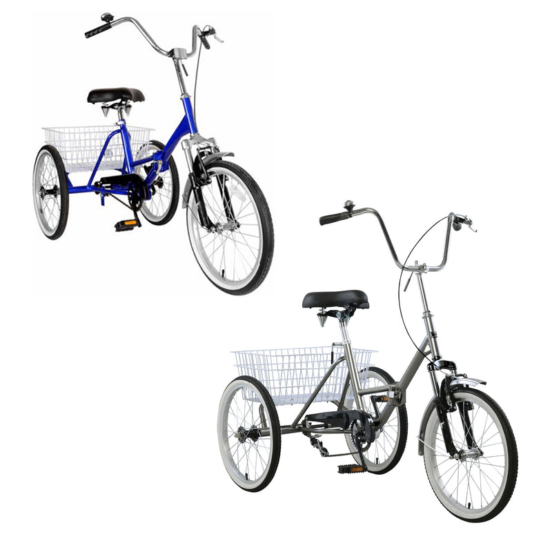 20'' Folding Tricycle Bike Foldable Adult Tricycle 3 Wheeler Bicycle Portable Tricycle Blue/ Gray