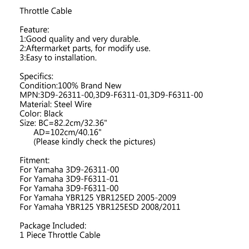 Motorcycle Throttle Cable For 3D9-26311-00 Yamaha YBR125 YBR125ED 2005-2009 Generic