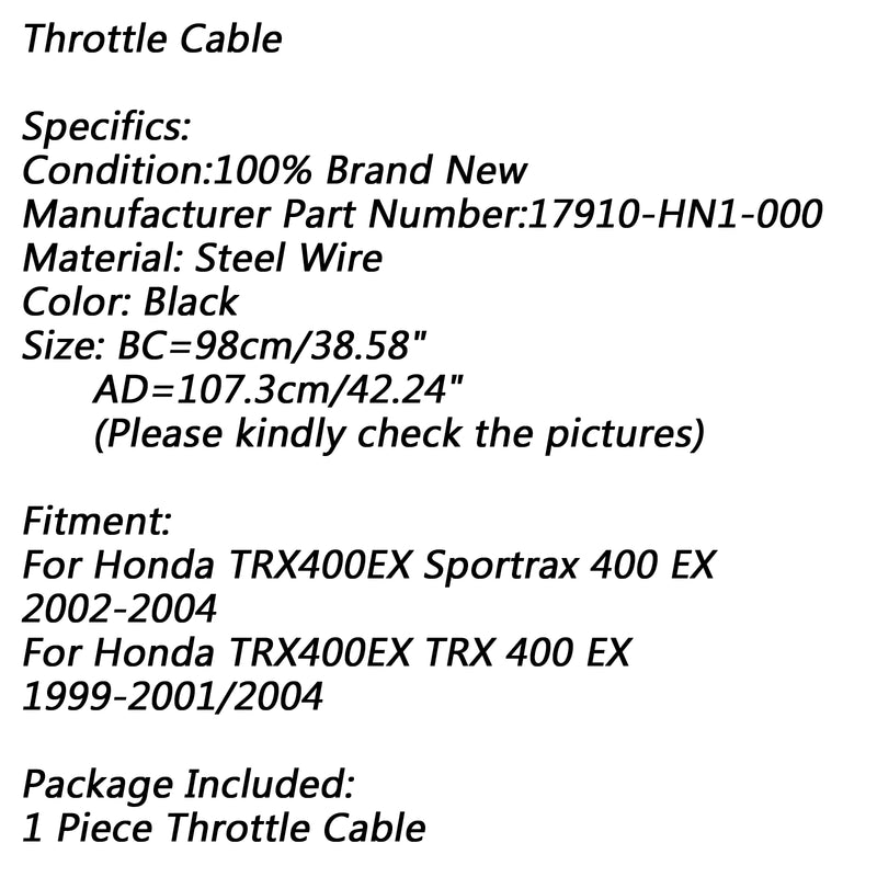 Throttle Cable For Honda Sportrax 400 TRX400EX 2002-04 TRX 400 EX 99-2001/2004 Generic