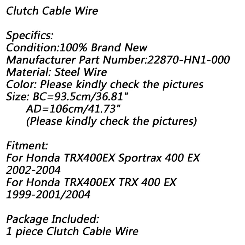 Black Clutch Cable Wire For Honda TRX400EX Sportrax 400 EX 22870-HN1-000 Generic