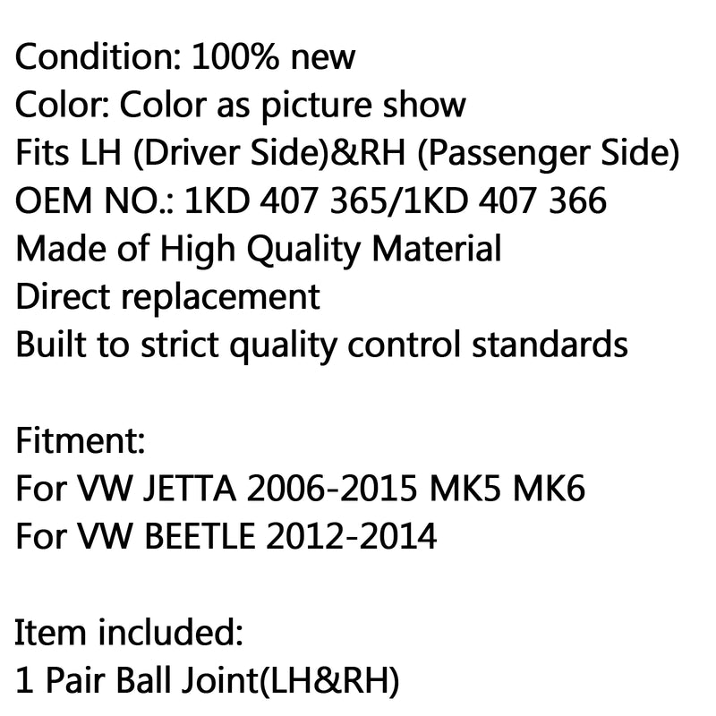 2 Pc Kit Front Lower Ball Joints LH & RH for VW Volkswagen Golf MK5 Passat CC Generic