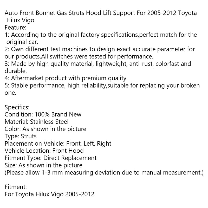 Auto Front Bonnet Gas Struts Hood Lift Support For 2005-2012 Toyota Hilux Vigo Generic