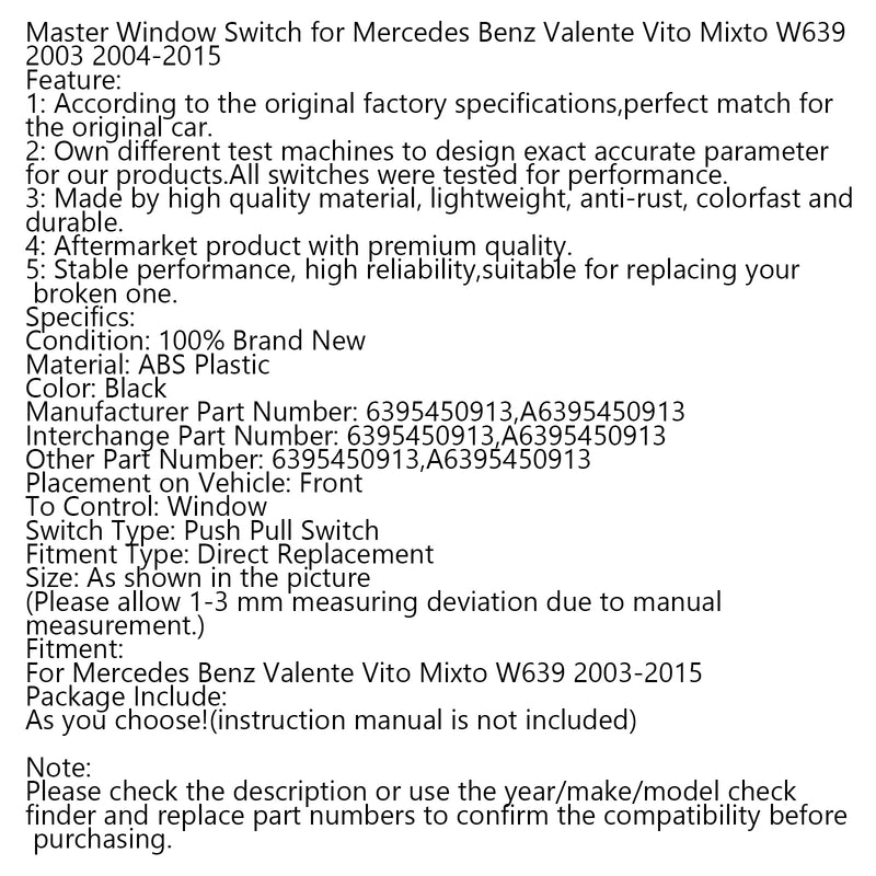 Master Window Switch for Mercedes Benz Valente Vito Mixto W639 2003 2004-2015 Generic