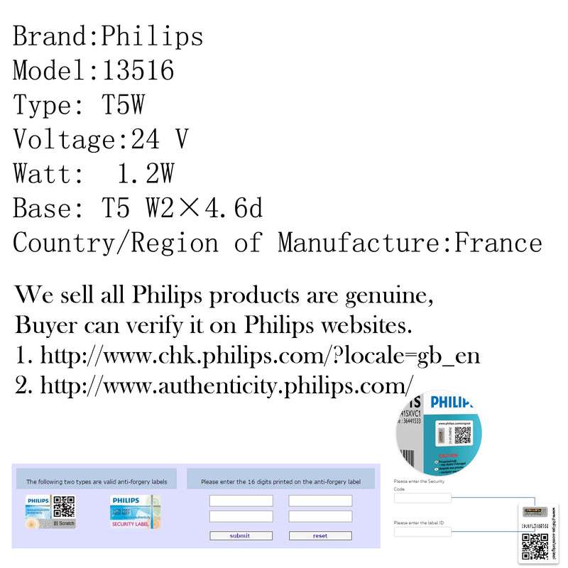 10pcs Pour Philips 13516 24V T5 W1.2W W2¡Á4.6d Standard Clignotants Lampe Bulb AF