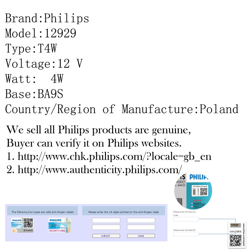 10PCS Genuine PHILIPS 12929 12V 4W T4W BA9s Premium Signaling Lamp Bulbs Generic
