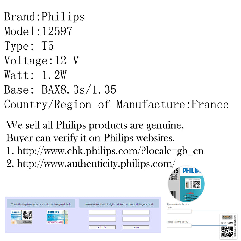 10pcs Genuine PHILIPS 12597 T5 12V 1.2W BAX8.3s/1.35 Premium Signaling Lamp Bulb Generic