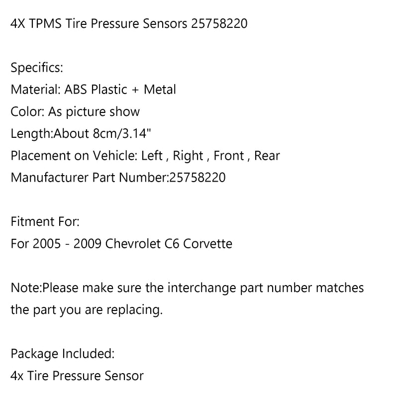 Set Of 4 TPMS Tire Pressure Monitoring Sensor 25758220 For 05-2009 C6 Corvette