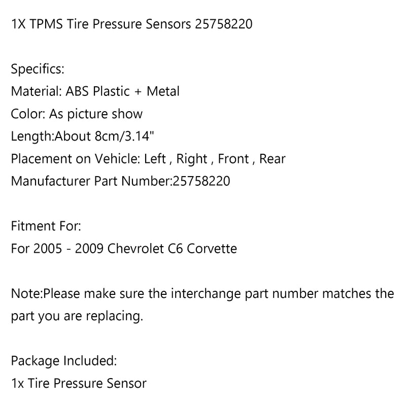 1PCS TPMS Replace 25758220 Auto Tire Pressure Sensor For 2005-2009 C6 Corvette