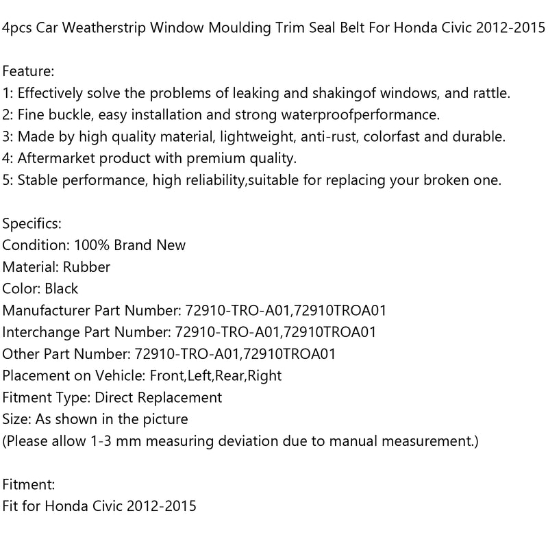 2012-2015 Honda Civic 4pcs Car Weatherstrip Window Moulding Trim Seal Belt Generic
