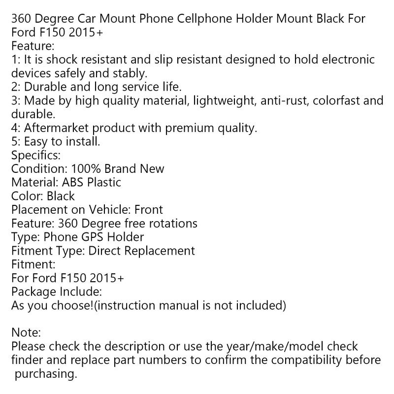 360 Degree Car Mount Phone Cellphone Holder Mount Black For Ford F150 2015+ Generic