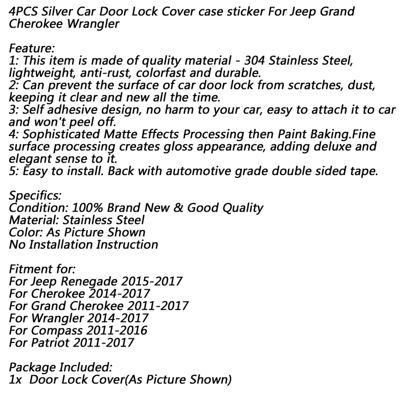 4PCS Silver Car Door Lock Cover case sticker For Jeep Grand Cherokee Wrangler Generic
