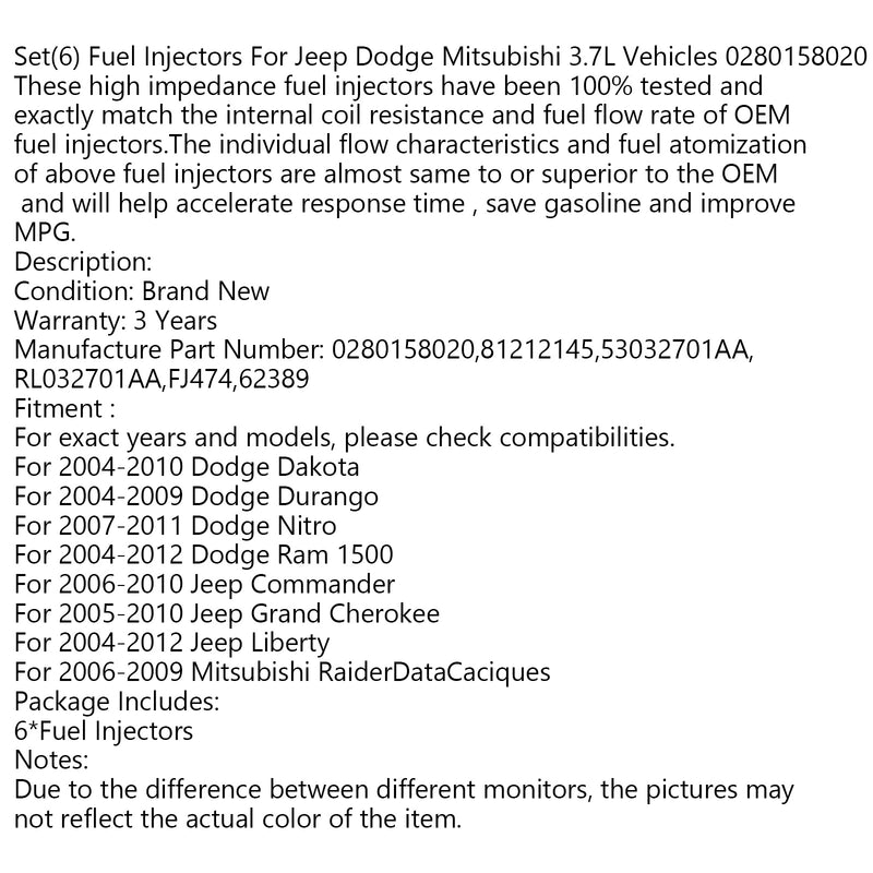 Set(6) Fuel Injectors For Mitsubishi 3.7L Vehicles 0280158020 Generic