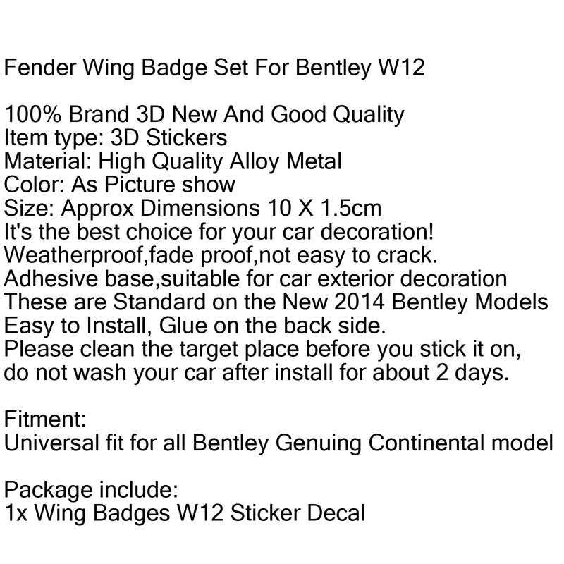 Metal Wing W12 Emblem Badge Sticker For Bentley Genuing Continental GT GTC Generic